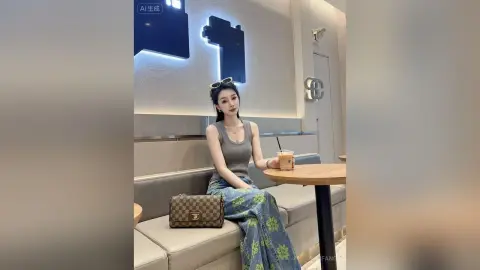 Stylish woman in a grey tank top and floral skirt sitting at a cafe table with a coffee and designer handbag.