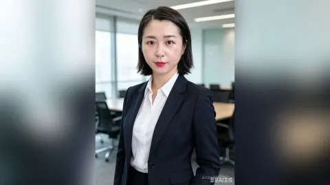 AuraraFeng — AuraraFeng poses in a black blazer and white button-down shirt in an office setting.