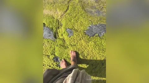 Barefoot person sitting on vibrant green mossy rocks in a peaceful outdoor natural setting.