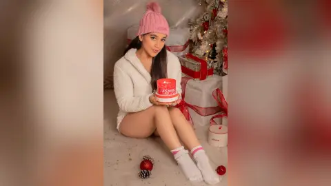 Smiling woman in cozy white sweater and pink beanie holding a red gift box near a festive Christmas tree.