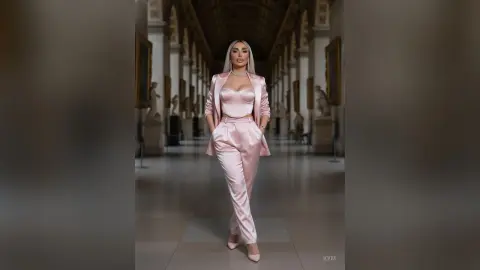 Elegant woman in a pink satin pantsuit posing confidently in a grand, classical art museum hallway.