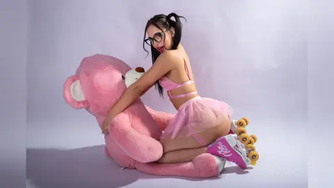 Young woman in pink lingerie and roller skates posing playfully with a giant pink teddy bear.