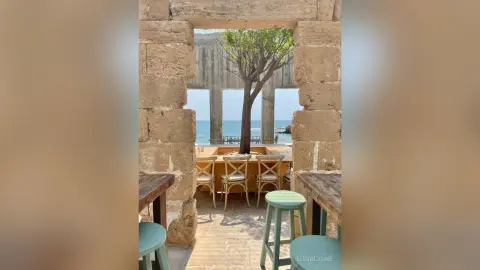 Rustic stone patio overlooking the ocean with wooden furniture and a view of a green tree under a bright sky.
