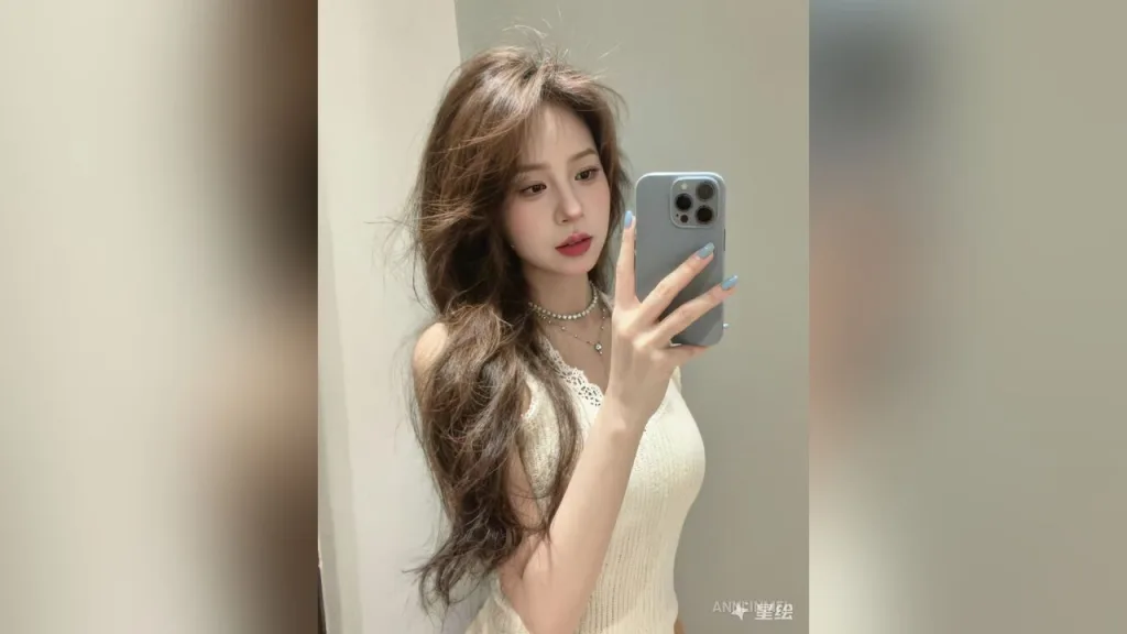 AnnLinMei — AnnLinMei takes a mirror selfie wearing a white lace tank top and a pearl necklace.
