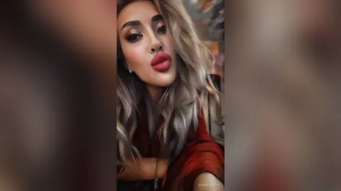 Glamorous woman with blonde wavy hair and bold red lipstick wearing a red outfit in a moody indoor setting.