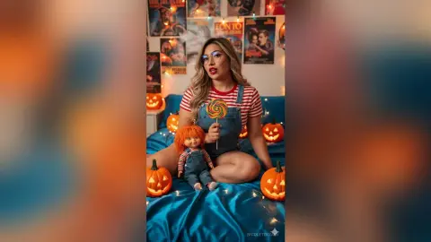 Woman in striped shirt and denim overalls holding a lollipop amidst pumpkins and posters in a cozy room.