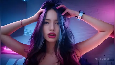 Young woman with long purple hair posing in moody neon lighting for a cinematic portrait.