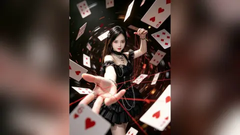 EnyaLin poses in a black ruffled dress surrounded by floating playing cards against a dark background.