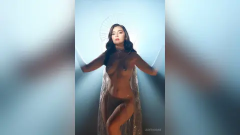 Ethereal woman in a shimmering silver sheer gown posing against a dreamy blue backlit studio background.