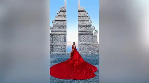 LaraCole poses in a long, flowing red dress with a large train, standing between two massive stone pillars against a clear blue sky.
