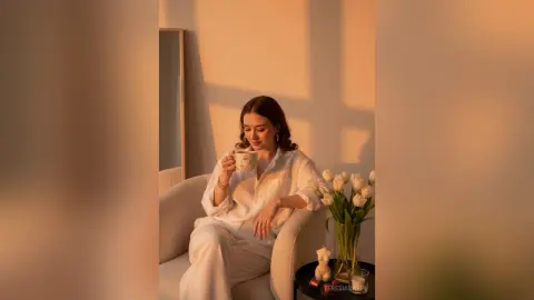 TeresiaCaspi sits in a white chair, wearing a white shirt and holding a coffee cup in the warm sunlight.