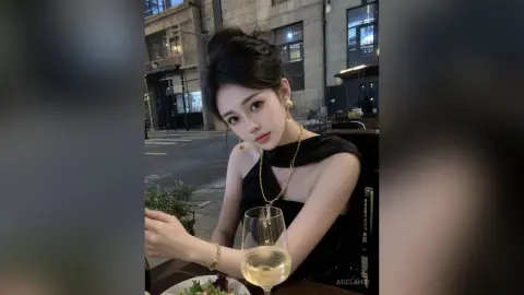 AgelaHui poses at an outdoor table wearing a black sleeveless top and gold jewelry, holding a glass of white wine.