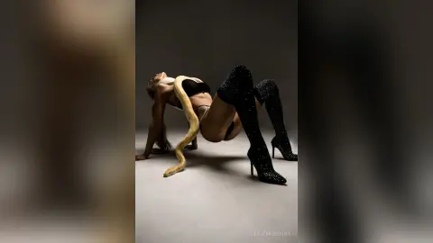 LeslyAnderson arches her back while wearing black lingerie and sparkling black thigh-high boots, posing with a large tan snake wrapped around her body.