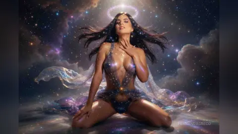 Ethereal goddess in a sparkling celestial bodysuit posing amidst a dreamy cosmic nebula and starlit galaxy.