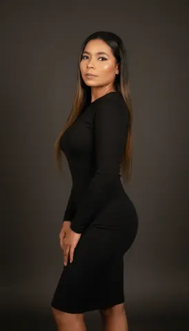 XinemaBonet poses in a tight black long-sleeve dress, showing her long brown hair and side profile against a dark background.