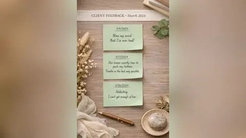 Client feedback notes on green sticky notes arranged on a wooden desk with dried flowers and aesthetic decor.