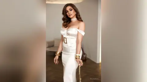 Elegant woman in a white satin cocktail dress and gold jewelry posing in a modern minimalist room.