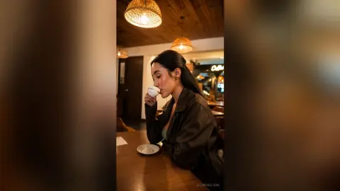 Young woman in a dark jacket sipping coffee in a cozy, warm-lit cafe setting.