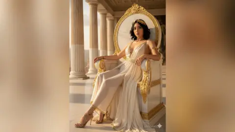 Elegant woman in a white Grecian gown sitting on a gold throne in a classical marble temple setting.