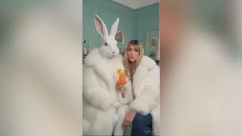 Blonde woman in a white faux fur coat sitting next to a large white bunny mascot in a bright teal room.