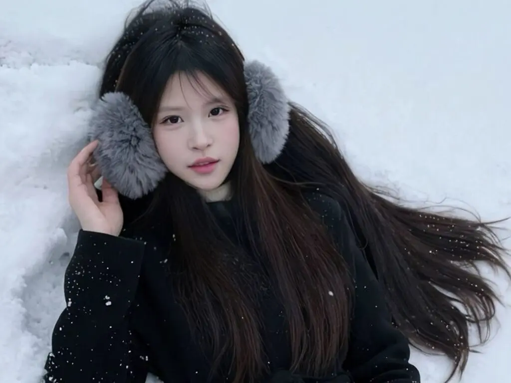 Young woman in a black winter coat and grey earmuffs relaxing in soft white snow.
