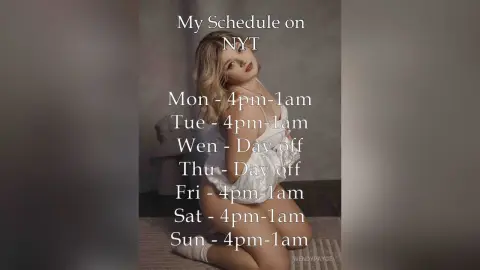 Glamorous woman in white lingerie sitting in a cozy room with a weekly work schedule overlay.