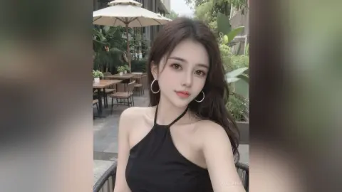 AgelaHui poses outdoors wearing a black halter top, showing her shoulders and long brown hair while sitting at a cafe table.