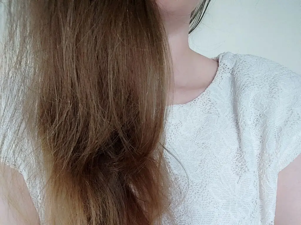AnnMoore shows her long, light brown hair and neck while wearing a white lace top against a plain white wall.