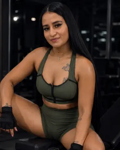 Smiling woman in olive green gym set sitting in a dark fitness studio.