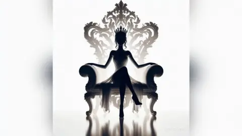 Silhouette of a royal queen in a gown and crown sitting on an ornate throne in a moody, elegant setting.