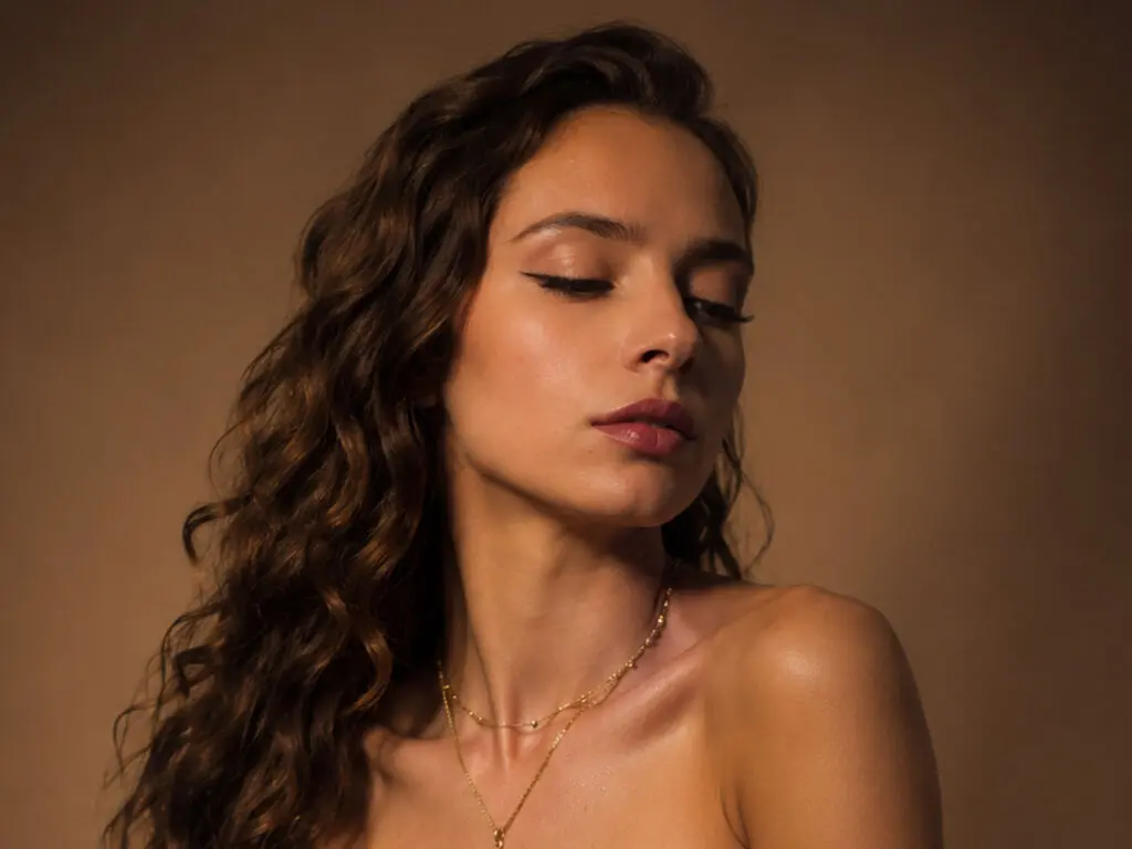 Portrait of a woman with wavy brown hair and gold necklace posing against a warm brown background.