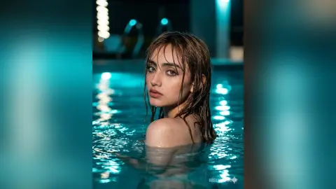 Young woman with wet hair in a glowing turquoise swimming pool at night creating a moody summer vibe.