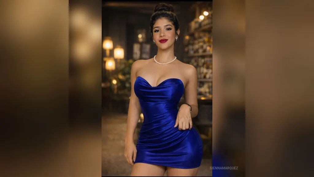 SiennaMarquez — SiennaMarquez poses in a tight blue satin mini dress and pearl necklace with her hair in a bun.