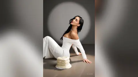 Alison poses in a white off-the-shoulder dress, sitting on the floor next to a small white cake.