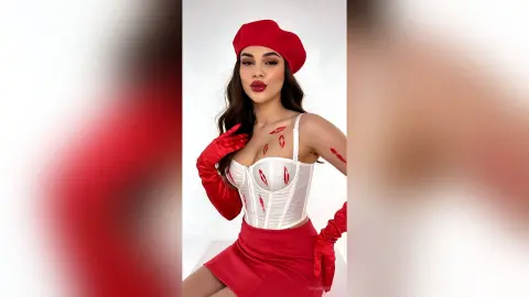 Glamorous woman in a white corset and red beret with red kiss marks for a romantic Valentine's Day look.