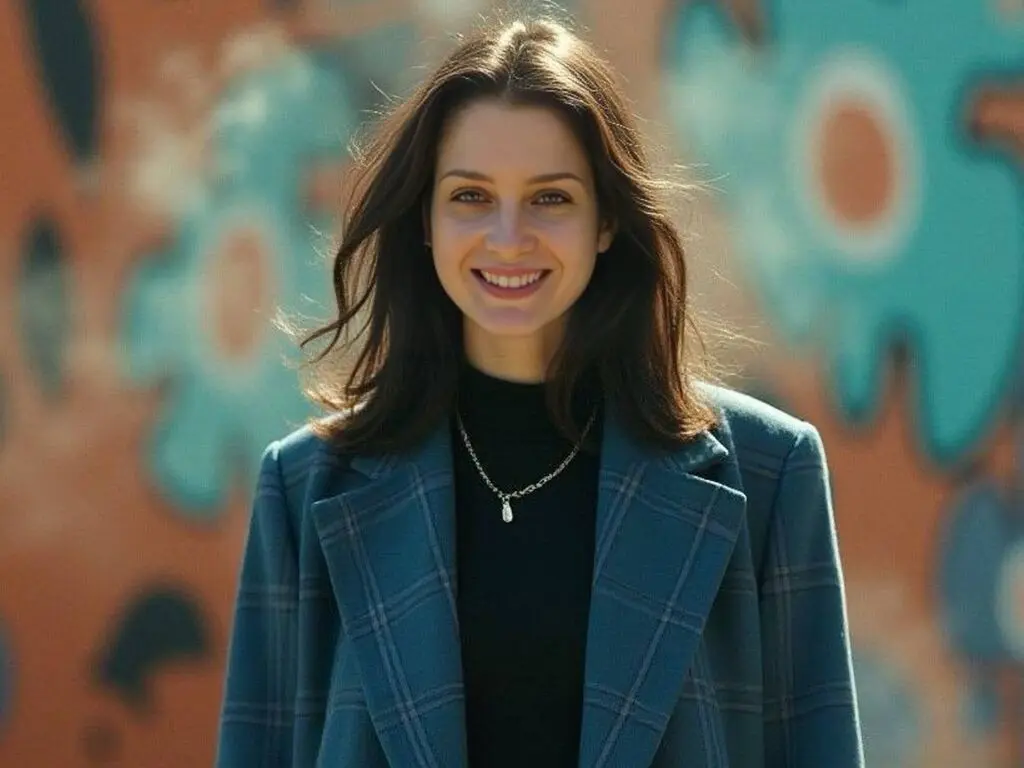 Smiling young woman in a blue plaid coat and black turtleneck standing against a colorful floral mural.