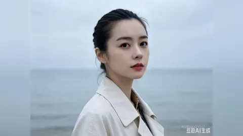 AuraraFeng — AuraraFeng looks at the camera while wearing a white coat on a beach under a cloudy sky.