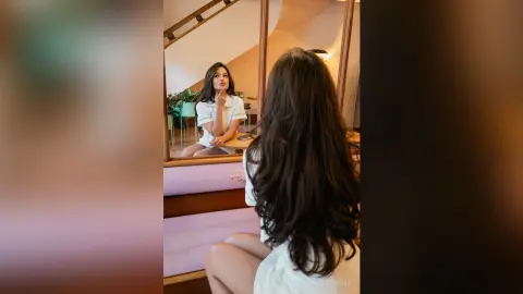 TefyRusso with long dark hair, wearing a white short-sleeved shirt, looking into a mirror while sitting down.
