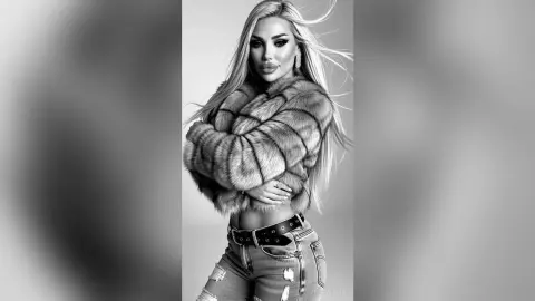 Glamorous woman in a luxury faux fur jacket and denim jeans posing in a stylish black and white portrait.