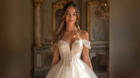 Elegant woman in a white lace wedding dress posing in a luxurious, sunlit vintage ballroom.