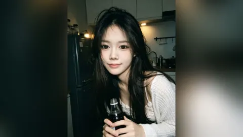 JamieJoanne — JamieJoanne with long dark hair holds a glass bottle in a kitchen setting while wearing a white off-the-shoulder top.