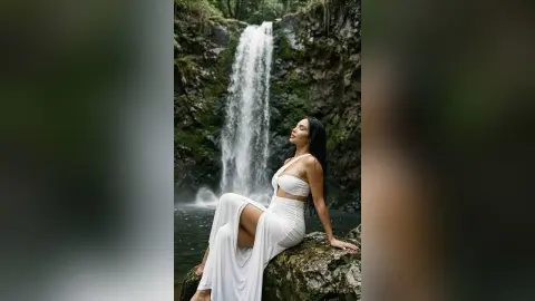 Serene woman in a white flowing dress sitting on a rock by a lush jungle waterfall.