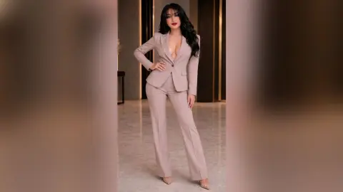 Elegant woman in a beige tailored pantsuit posing confidently in a modern luxury interior.