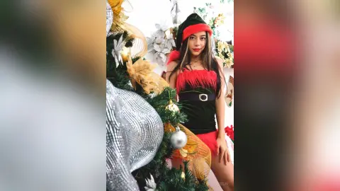 JessieLiu wears a red and black velvet Christmas outfit and a matching hat while posing next to a decorated holiday tree.