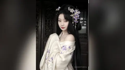 Elegant woman in traditional white floral hanfu with flower hair accessories in a moody vintage setting.