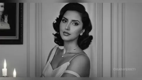 Elegant woman in a white gown posing gracefully in a classic vintage indoor setting with soft candlelight.