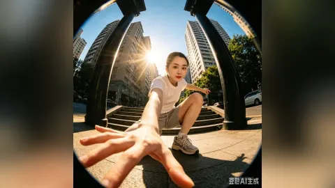 AuraraFeng — AuraraFeng crouches on city stairs in a white t-shirt and shorts, reaching toward the camera under a bright sun.