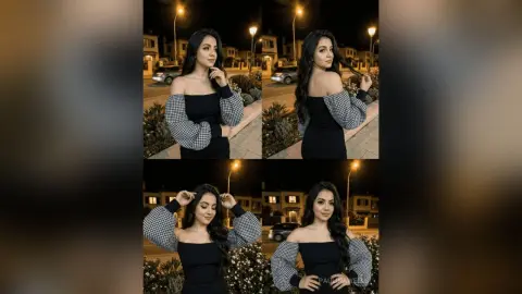 Elegant woman in a black off-the-shoulder dress with checkered sleeves posing on a city street at night.