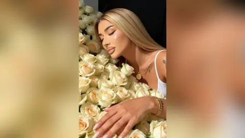 Blonde woman in a white tank top leaning against white roses in a soft, romantic setting.