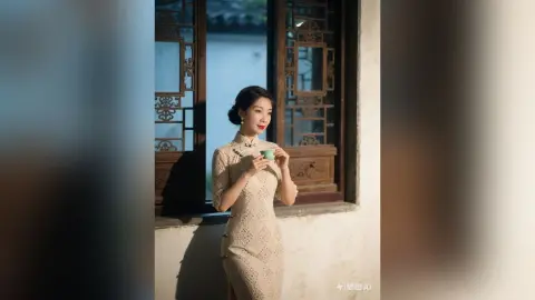 Elegant woman in a vintage cream cheongsam holding a tea cup by a traditional wooden window in soft sunlight.